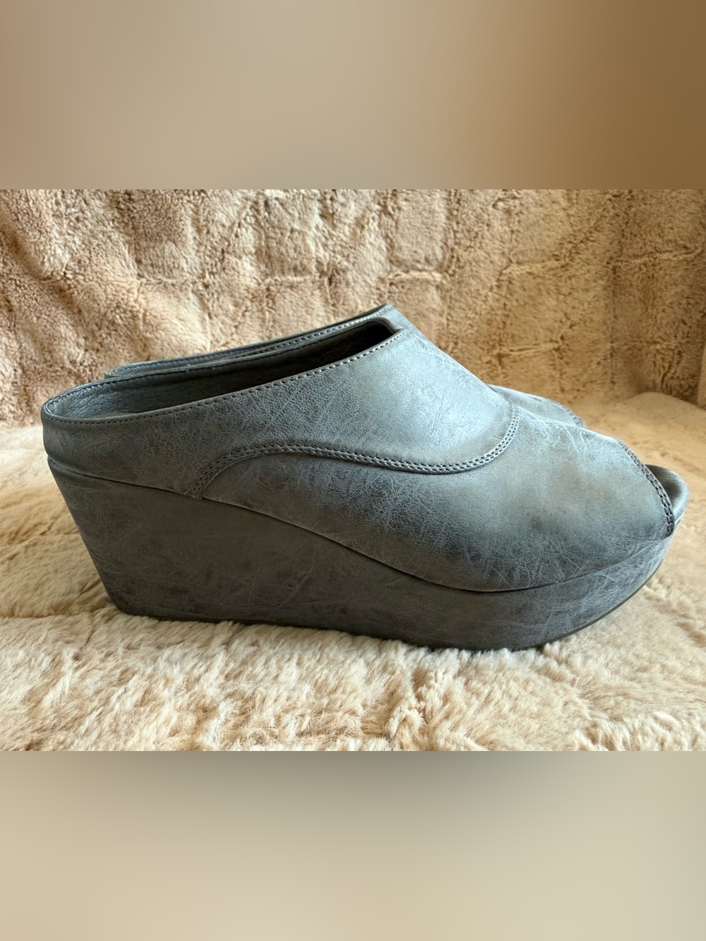 Corkys Indigo Peep-Toe Platform Wedge Mules in Brushed Pewter 8